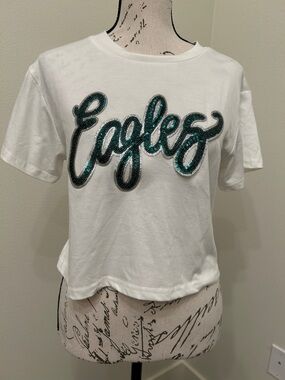 White Tee with Green & Silver Sequin Eagles